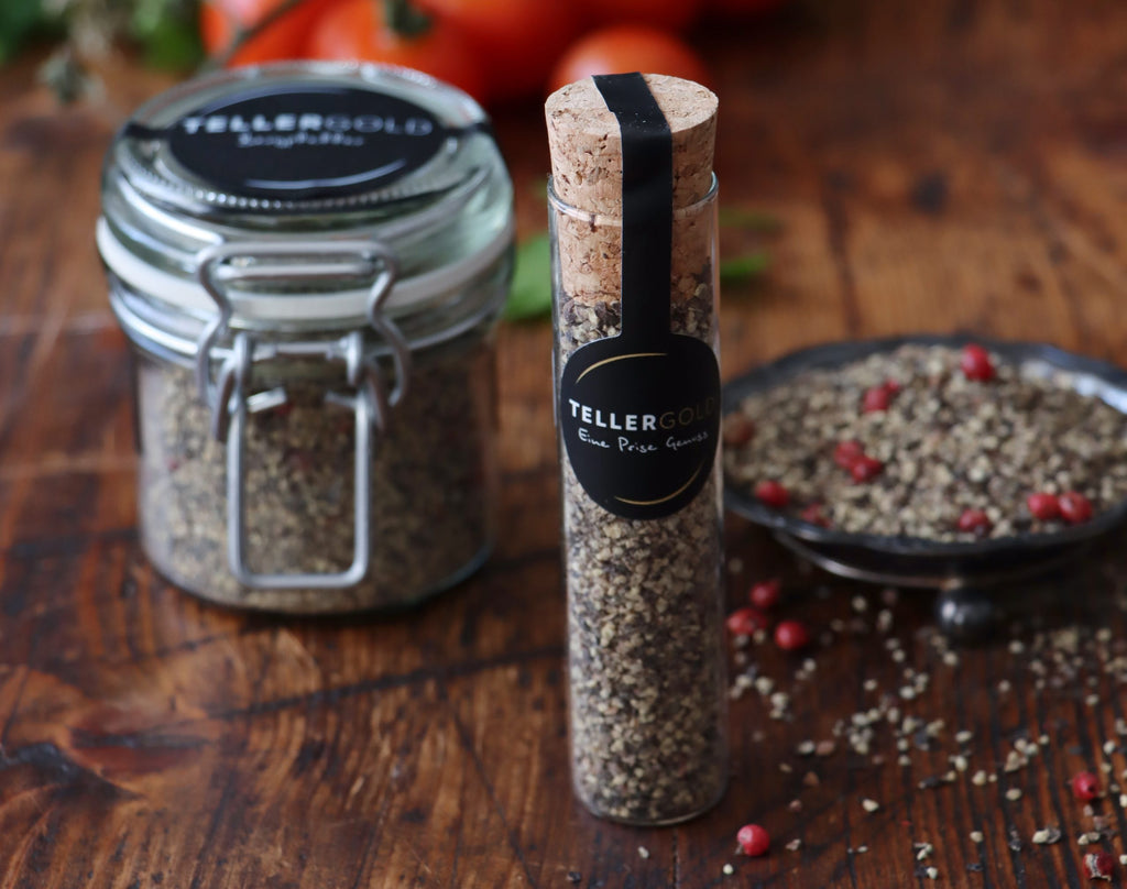 Tellergold Bergpfeffer geschrotet 50 g im Dekorglas