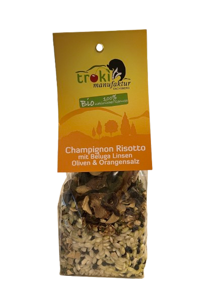 Troki Champignon Risotto mit Beluga Linsen, Oliven und Orangensalz 175 g