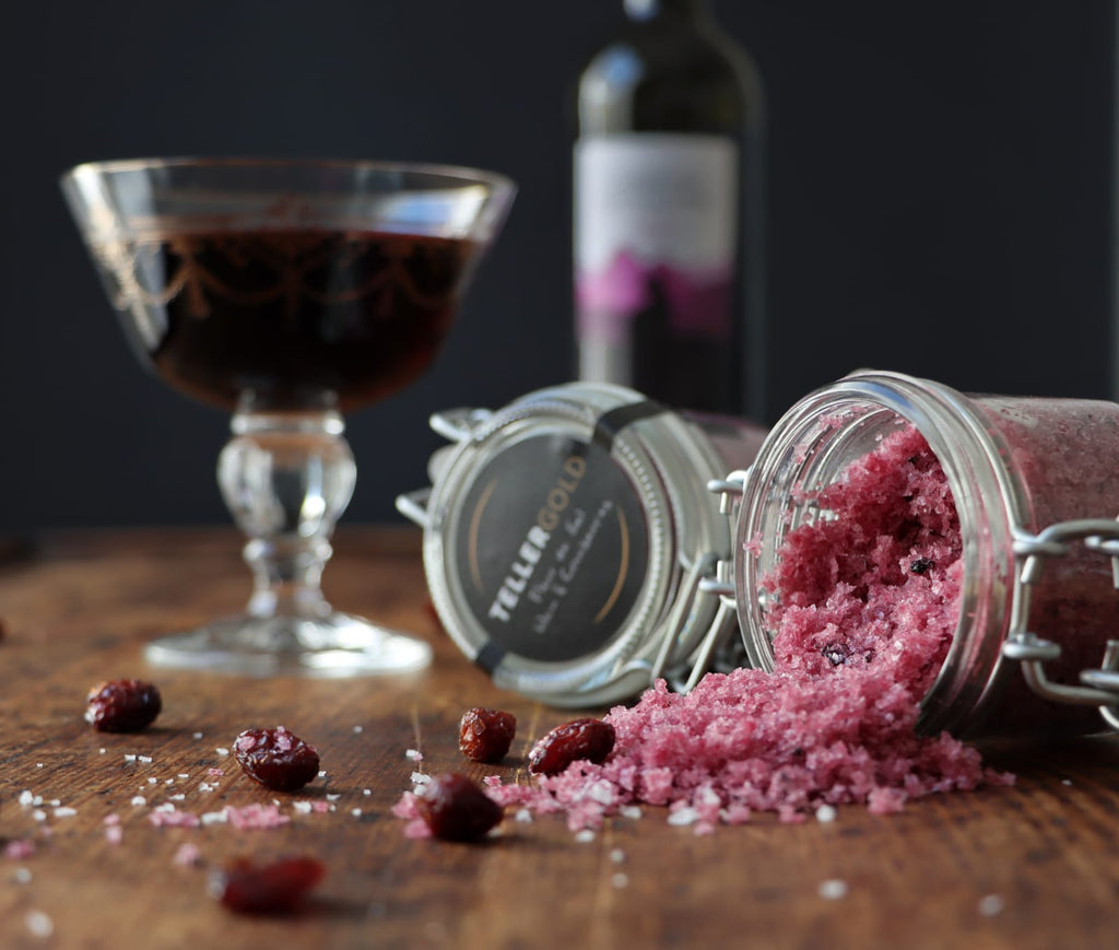 Tellergold Fleur de Sel mit Rotwein & Cranberries 70 g im Dekorglas